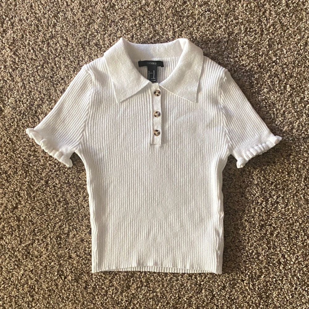 Junior’s White Ribbed Polo Shirt - Picture 1 of 8